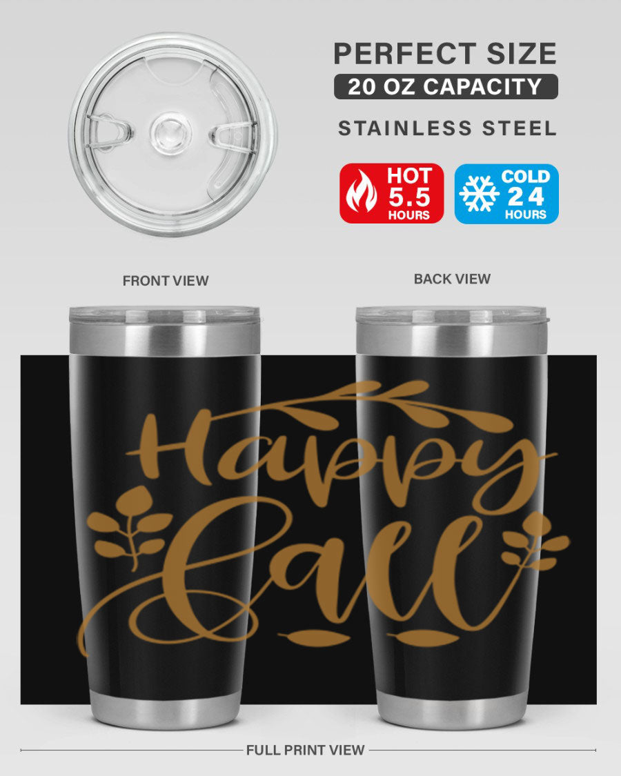 Happy Fall 236# Tumbler in 20oz and 30oz sizes, showcasing double wall vacuum stainless steel with copper lining and a drink-thru lid.