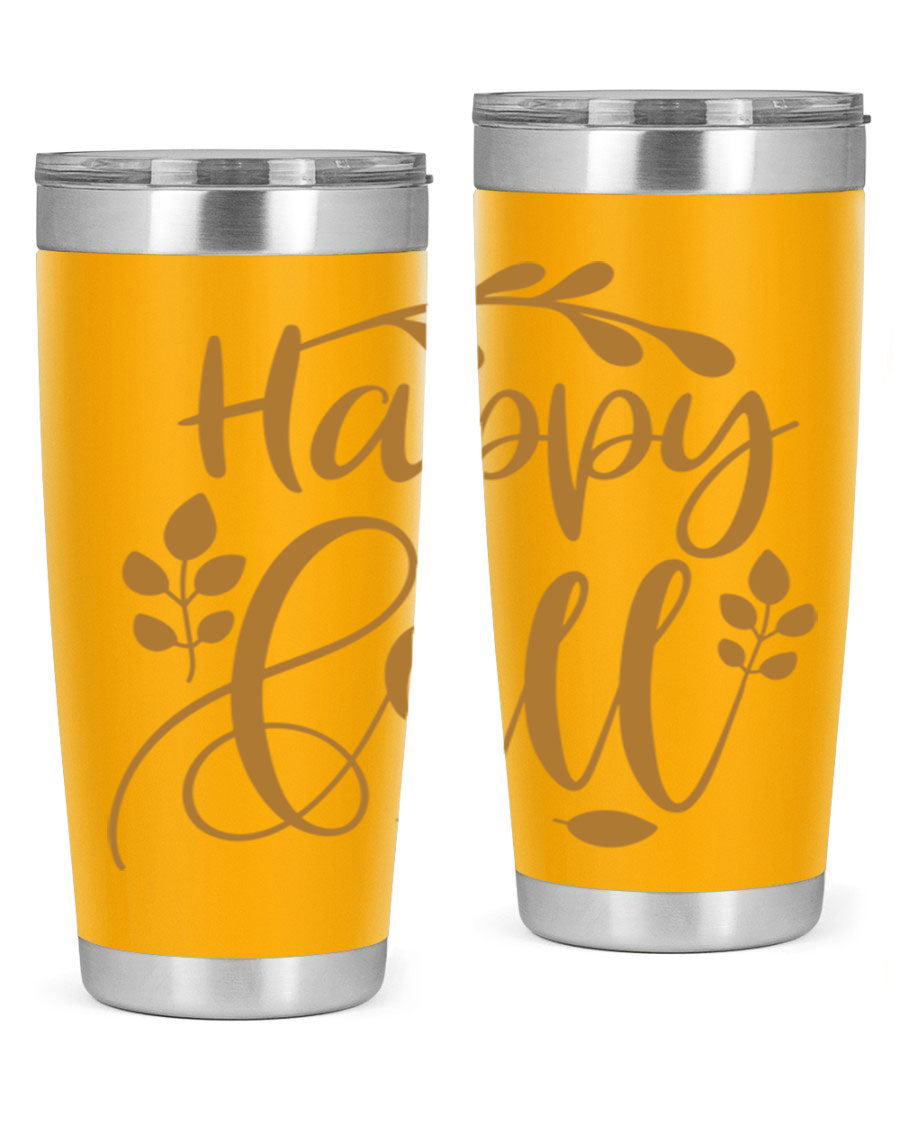 Happy Fall 236# Tumbler in 20oz and 30oz sizes, showcasing double wall vacuum stainless steel with copper lining and a drink-thru lid.