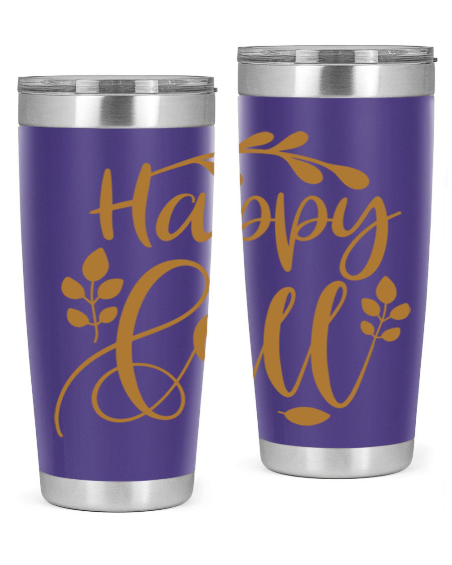 Happy Fall 236# Tumbler in 20oz and 30oz sizes, showcasing double wall vacuum stainless steel with copper lining and a drink-thru lid.