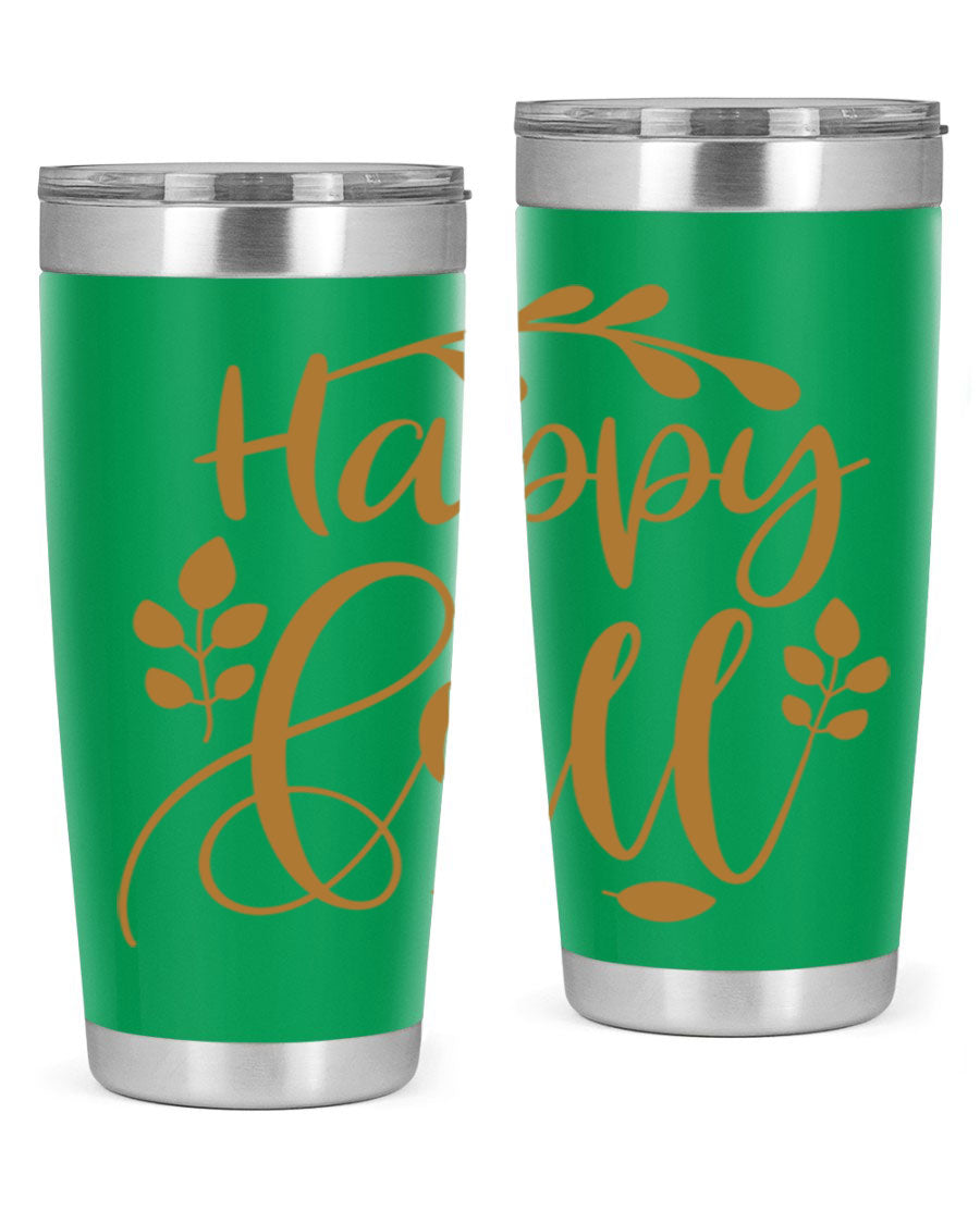 Happy Fall 236# Tumbler in 20oz and 30oz sizes, showcasing double wall vacuum stainless steel with copper lining and a drink-thru lid.