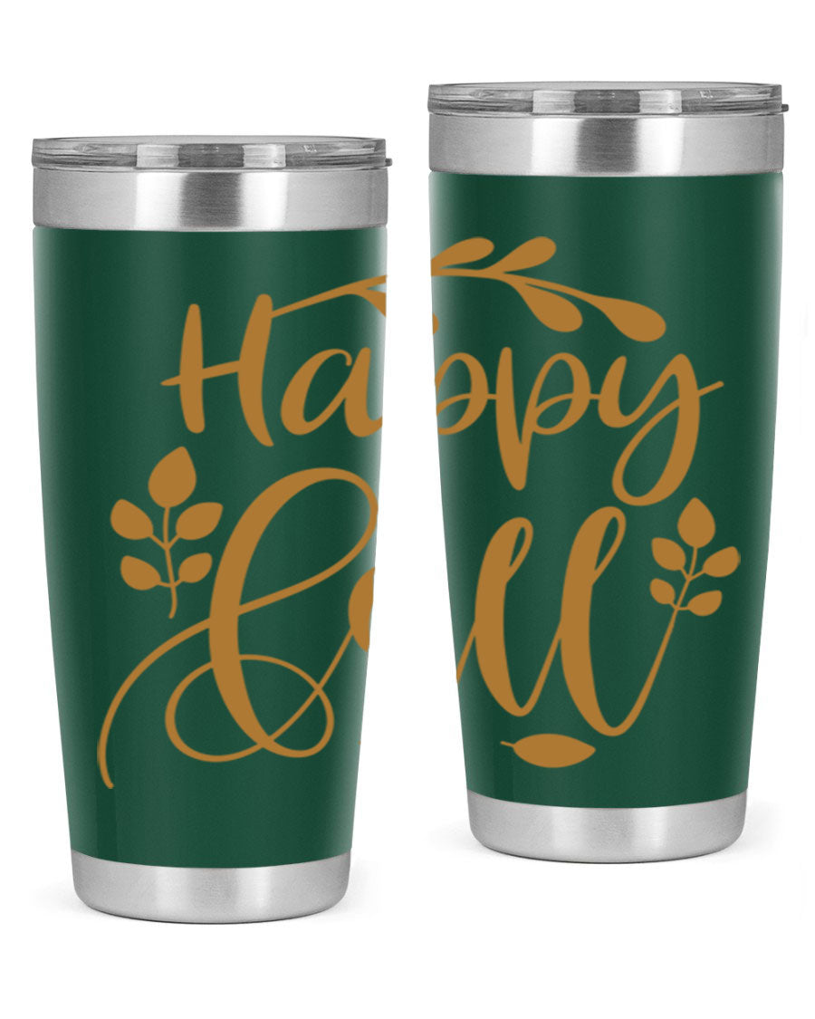 Happy Fall 236# Tumbler in 20oz and 30oz sizes, showcasing double wall vacuum stainless steel with copper lining and a drink-thru lid.