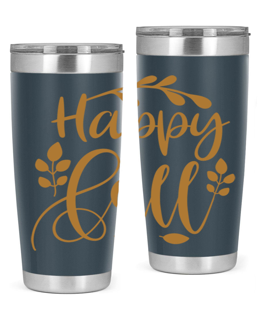 Happy Fall 236# Tumbler in 20oz and 30oz sizes, showcasing double wall vacuum stainless steel with copper lining and a drink-thru lid.