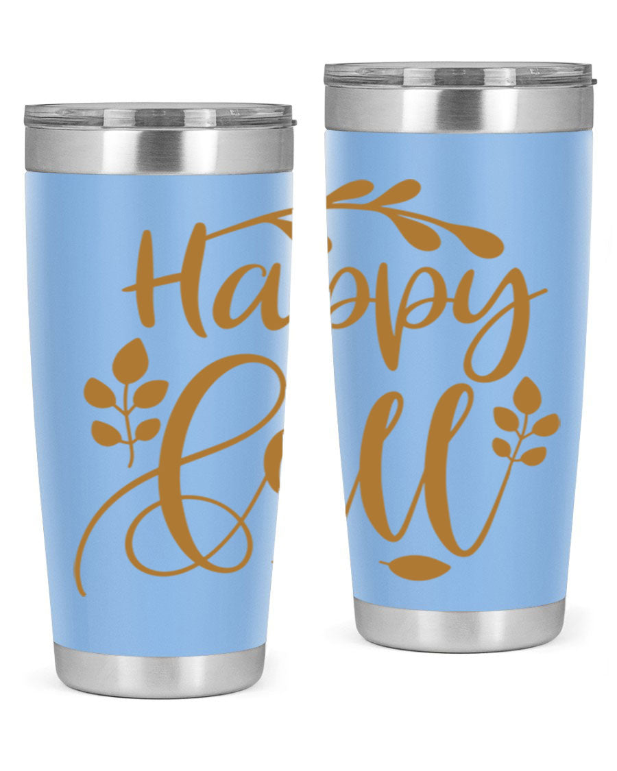 Happy Fall 236# Tumbler in 20oz and 30oz sizes, showcasing double wall vacuum stainless steel with copper lining and a drink-thru lid.