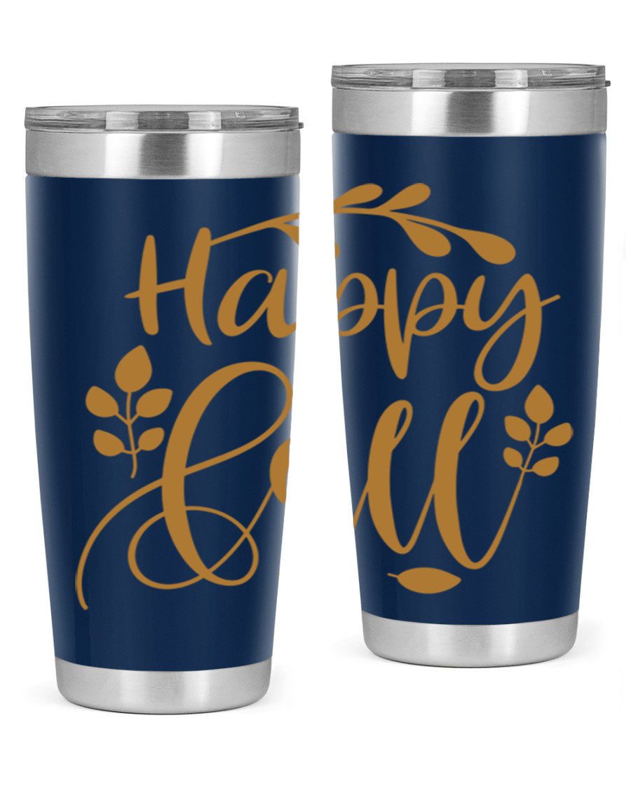 Happy Fall 236# Tumbler in 20oz and 30oz sizes, showcasing double wall vacuum stainless steel with copper lining and a drink-thru lid.