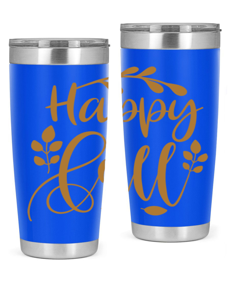 Happy Fall 236# Tumbler in 20oz and 30oz sizes, showcasing double wall vacuum stainless steel with copper lining and a drink-thru lid.