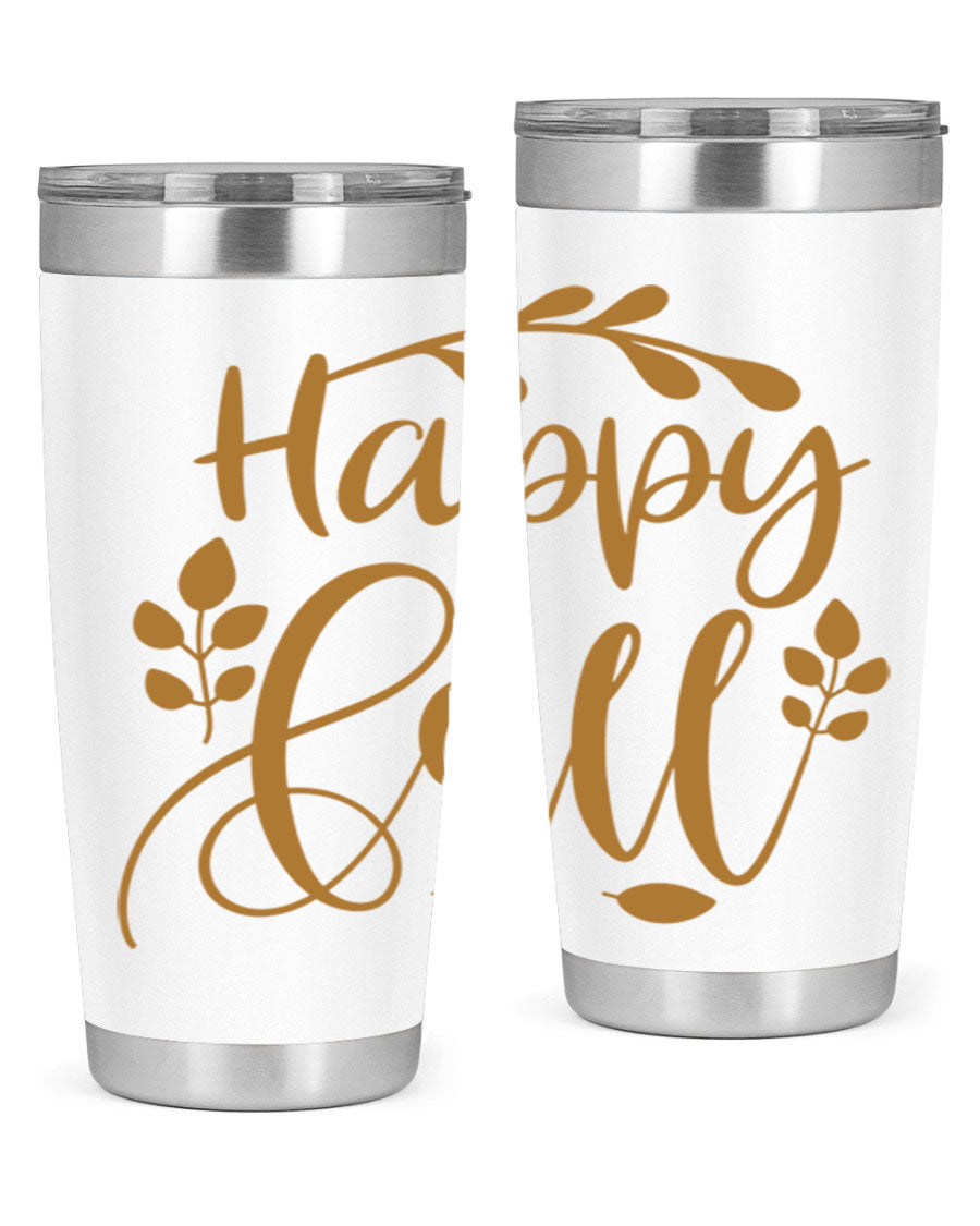 Happy Fall 236# Tumbler in 20oz and 30oz sizes, showcasing double wall vacuum stainless steel with copper lining and a drink-thru lid.