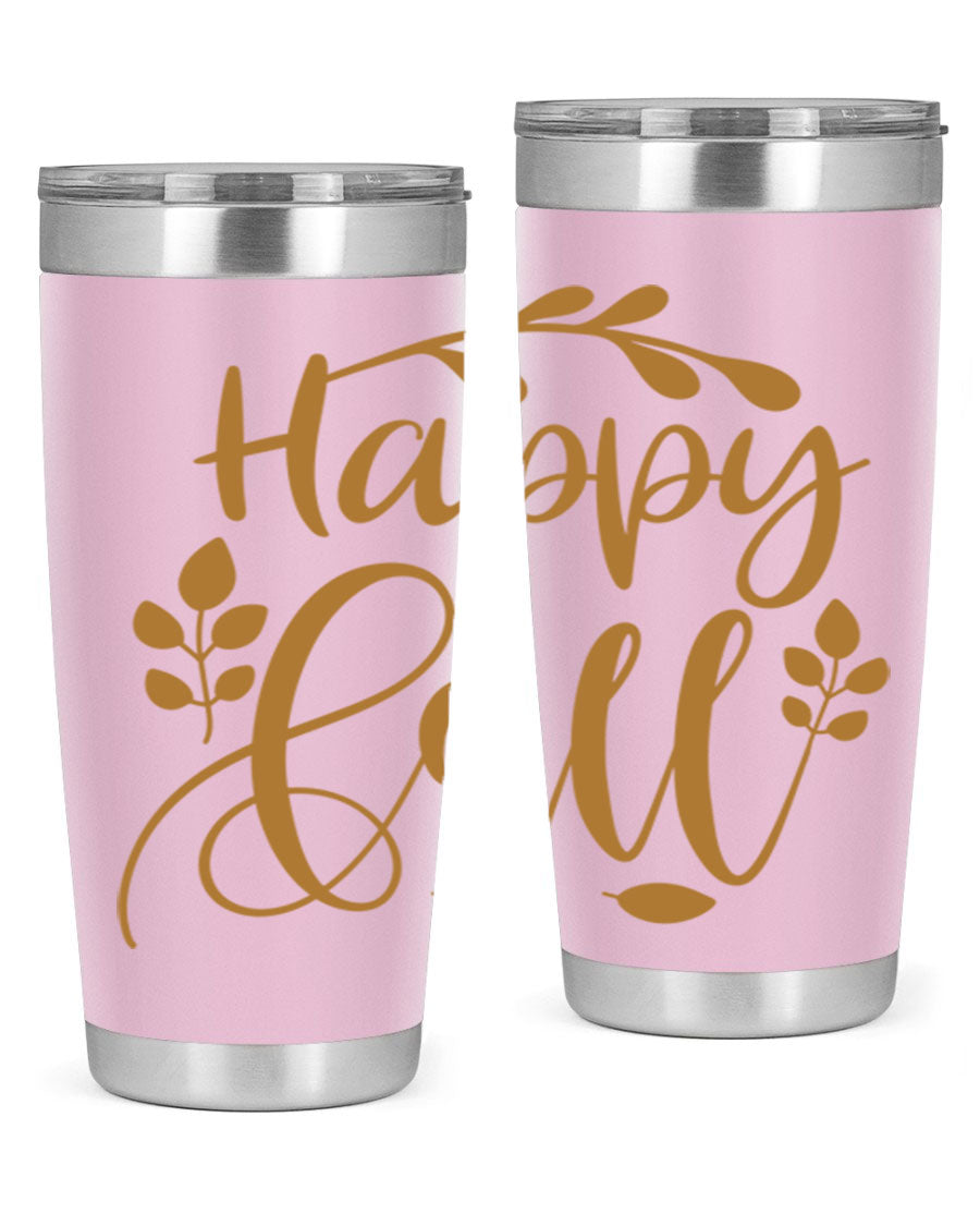 Happy Fall 236# Tumbler in 20oz and 30oz sizes, showcasing double wall vacuum stainless steel with copper lining and a drink-thru lid.