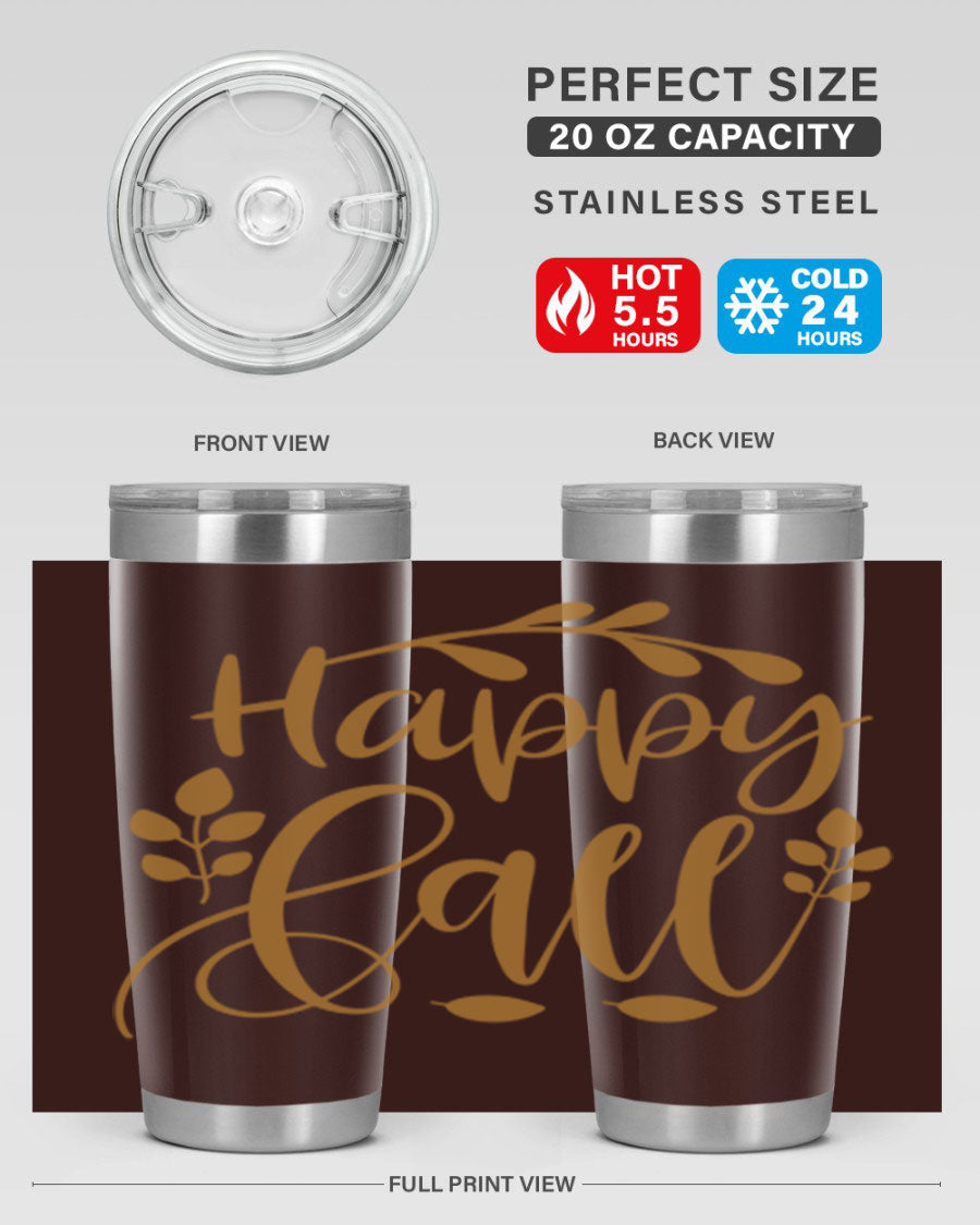 Happy Fall 236# Tumbler in 20oz and 30oz sizes, showcasing double wall vacuum stainless steel with copper lining and a drink-thru lid.