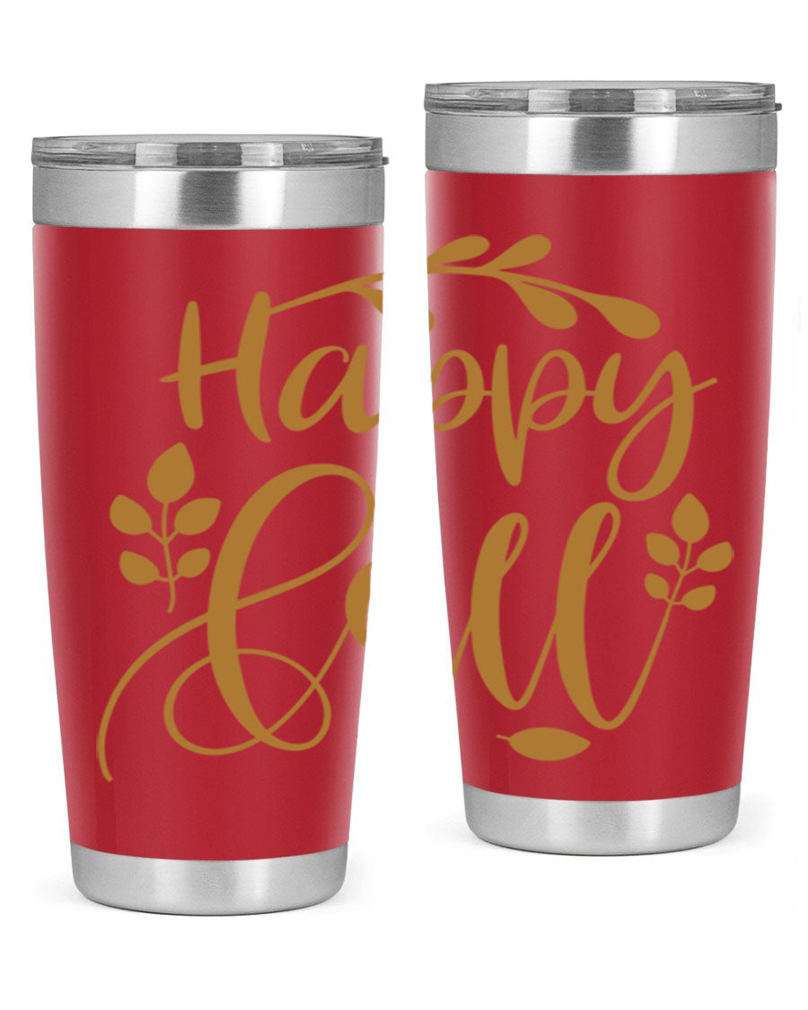 Happy Fall 236# Tumbler in 20oz and 30oz sizes, showcasing double wall vacuum stainless steel with copper lining and a drink-thru lid.