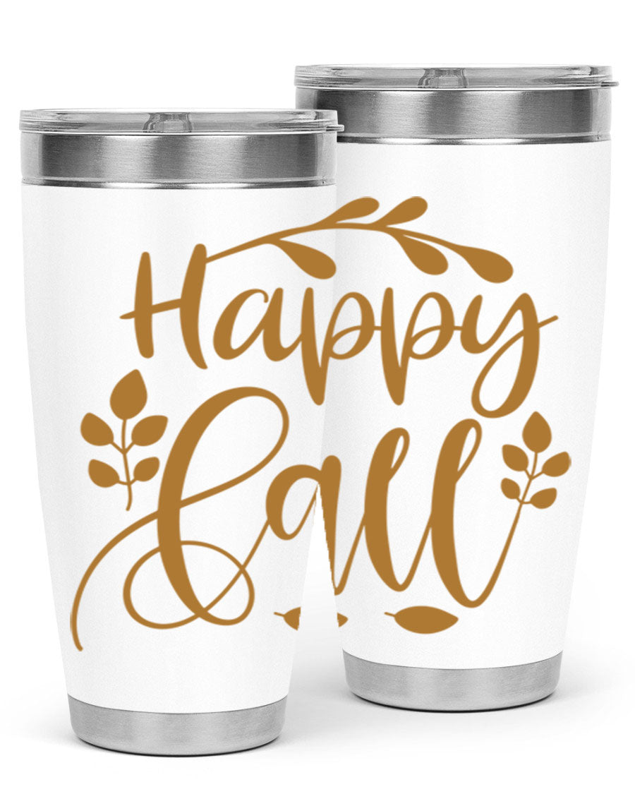 Happy Fall 236# Tumbler in 20oz and 30oz sizes, showcasing double wall vacuum stainless steel with copper lining and a drink-thru lid.