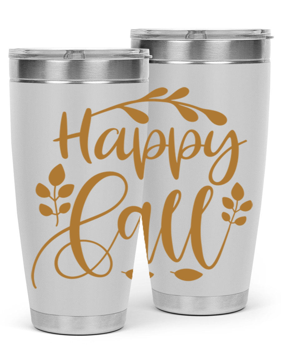 Happy Fall 236# Tumbler in 20oz and 30oz sizes, showcasing double wall vacuum stainless steel with copper lining and a drink-thru lid.