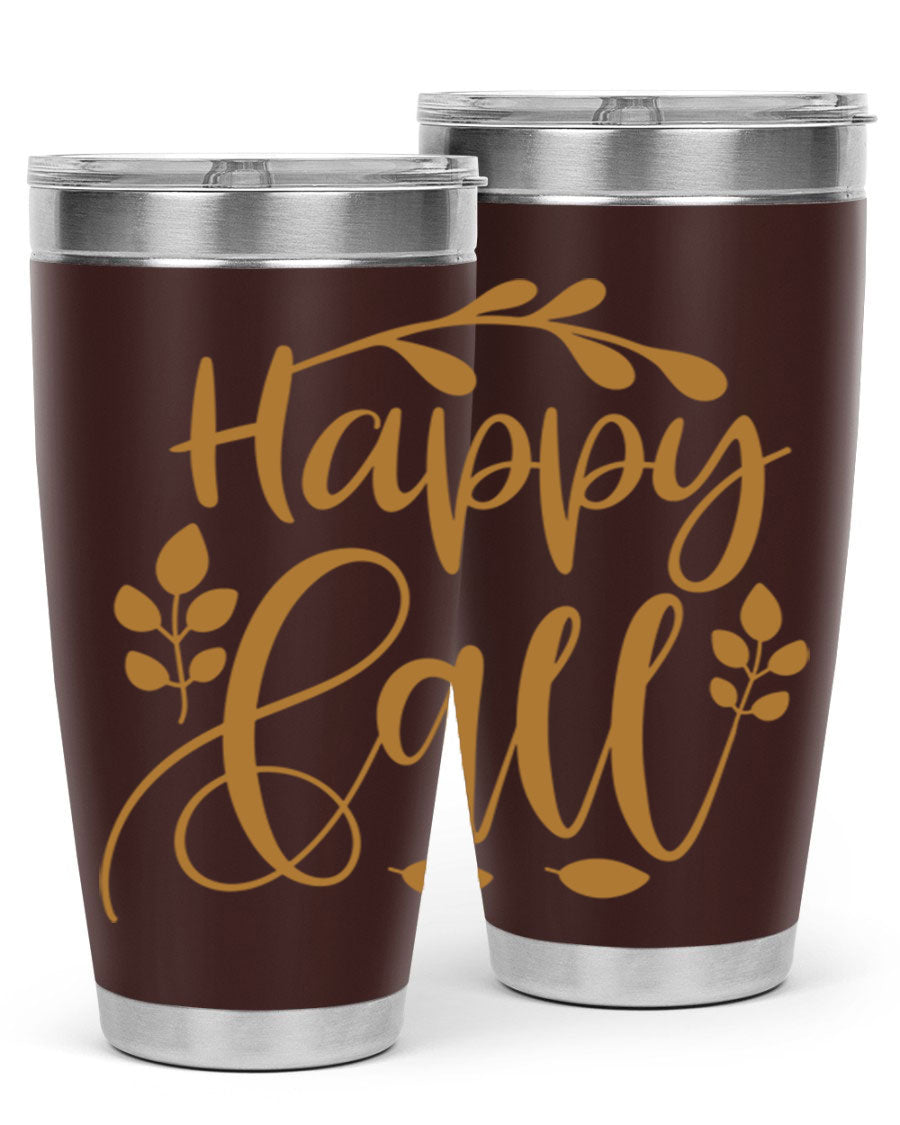 Happy Fall 236# Tumbler in 20oz and 30oz sizes, showcasing double wall vacuum stainless steel with copper lining and a drink-thru lid.