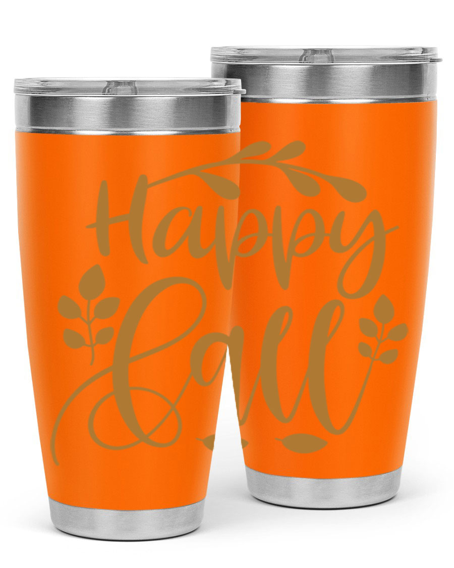 Happy Fall 236# Tumbler in 20oz and 30oz sizes, showcasing double wall vacuum stainless steel with copper lining and a drink-thru lid.