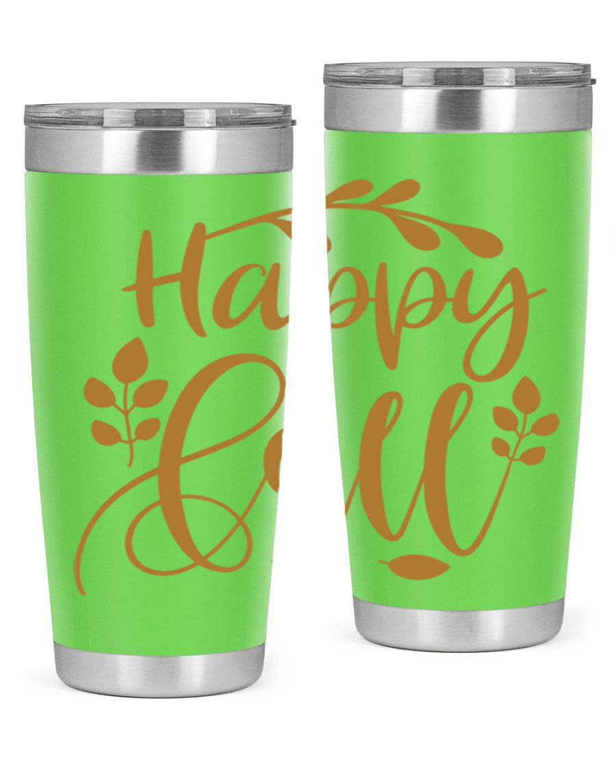 Happy Fall 236# Tumbler in 20oz and 30oz sizes, showcasing double wall vacuum stainless steel with copper lining and a drink-thru lid.