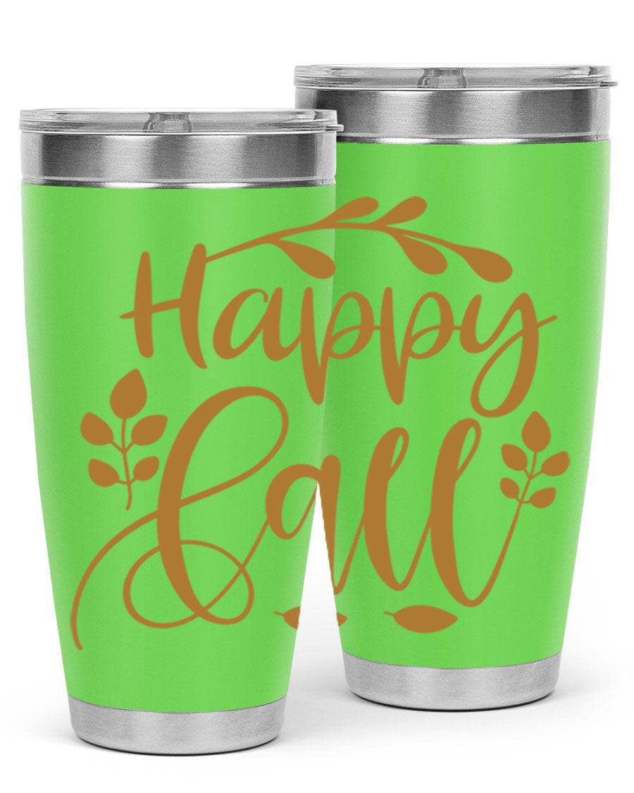 Happy Fall 236# Tumbler in 20oz and 30oz sizes, showcasing double wall vacuum stainless steel with copper lining and a drink-thru lid.