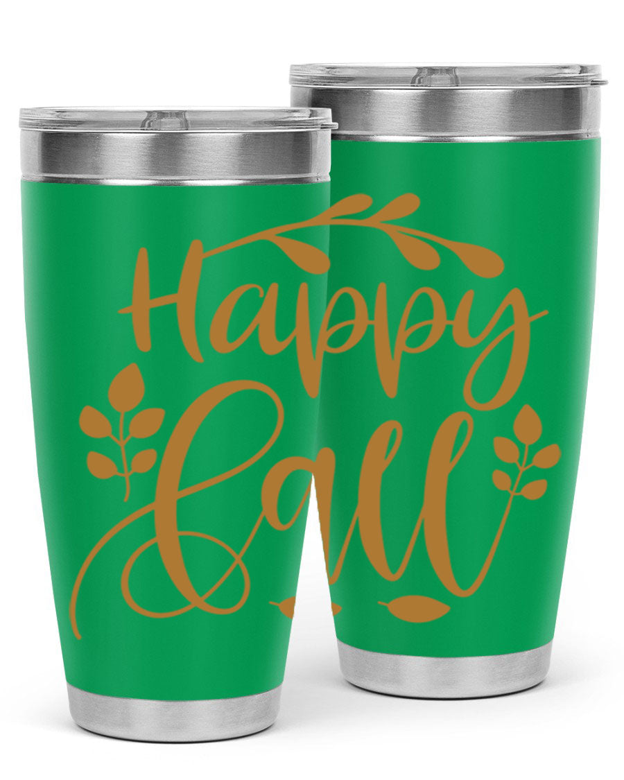 Happy Fall 236# Tumbler in 20oz and 30oz sizes, showcasing double wall vacuum stainless steel with copper lining and a drink-thru lid.