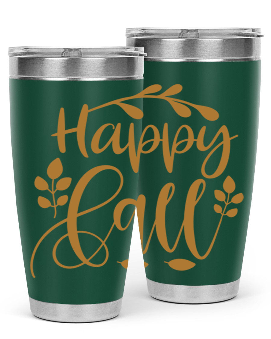 Happy Fall 236# Tumbler in 20oz and 30oz sizes, showcasing double wall vacuum stainless steel with copper lining and a drink-thru lid.