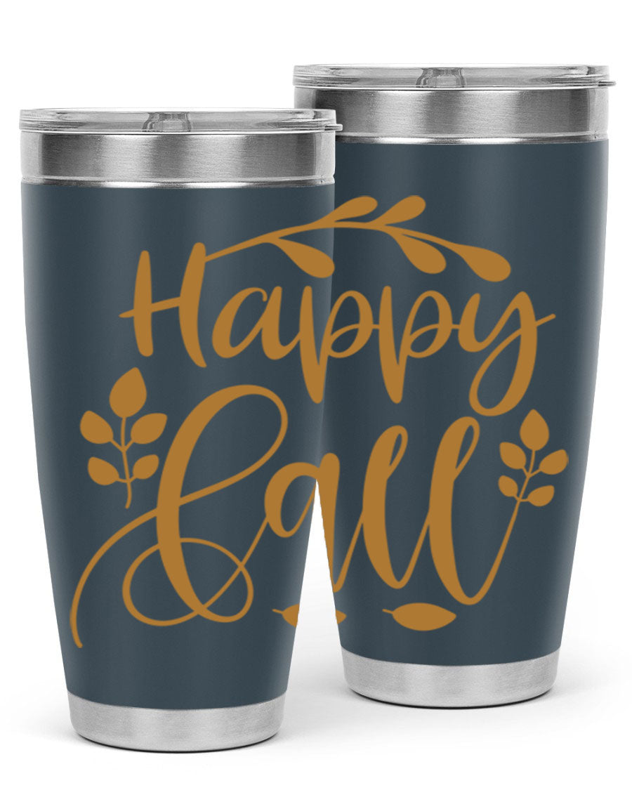 Happy Fall 236# Tumbler in 20oz and 30oz sizes, showcasing double wall vacuum stainless steel with copper lining and a drink-thru lid.