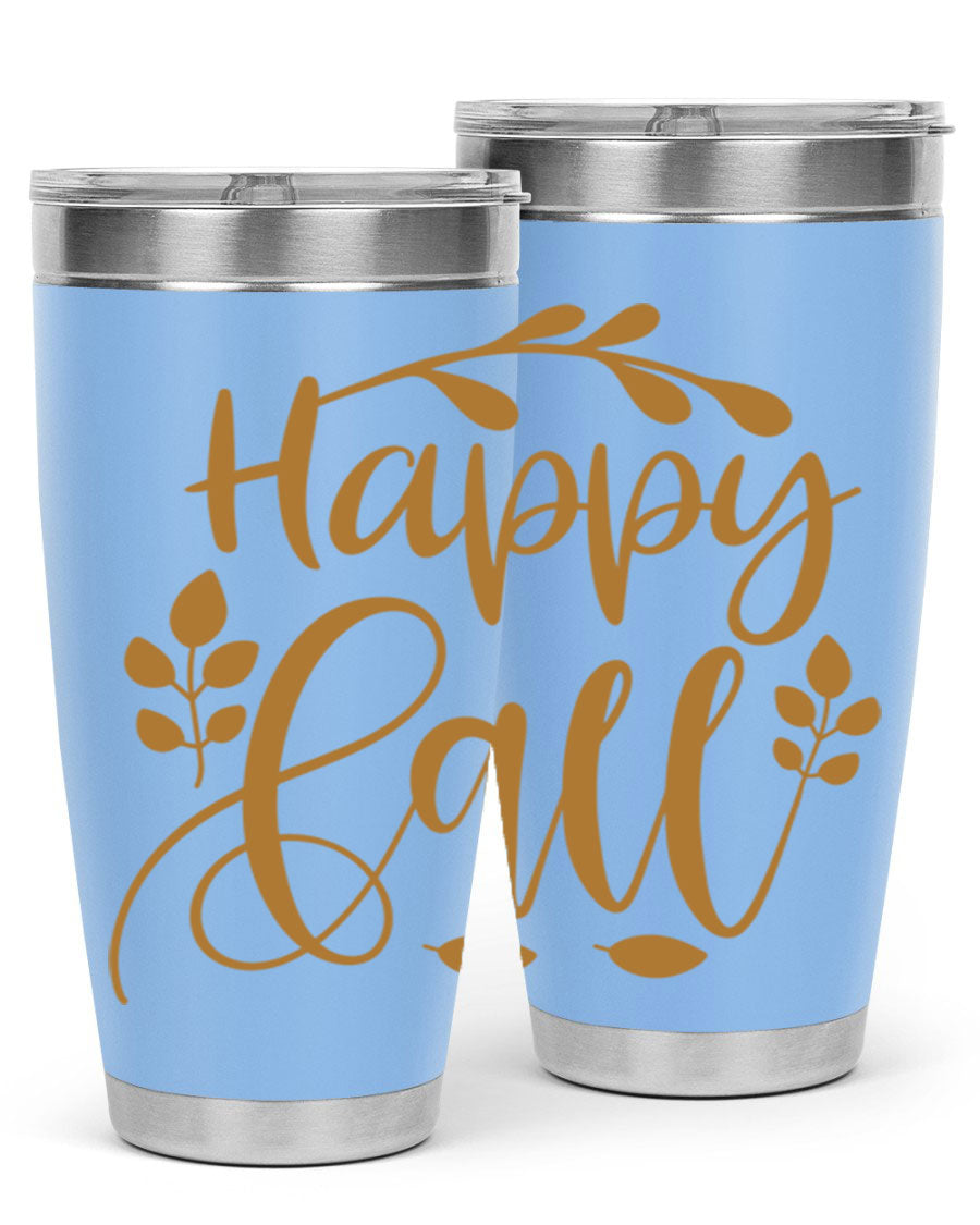 Happy Fall 236# Tumbler in 20oz and 30oz sizes, showcasing double wall vacuum stainless steel with copper lining and a drink-thru lid.