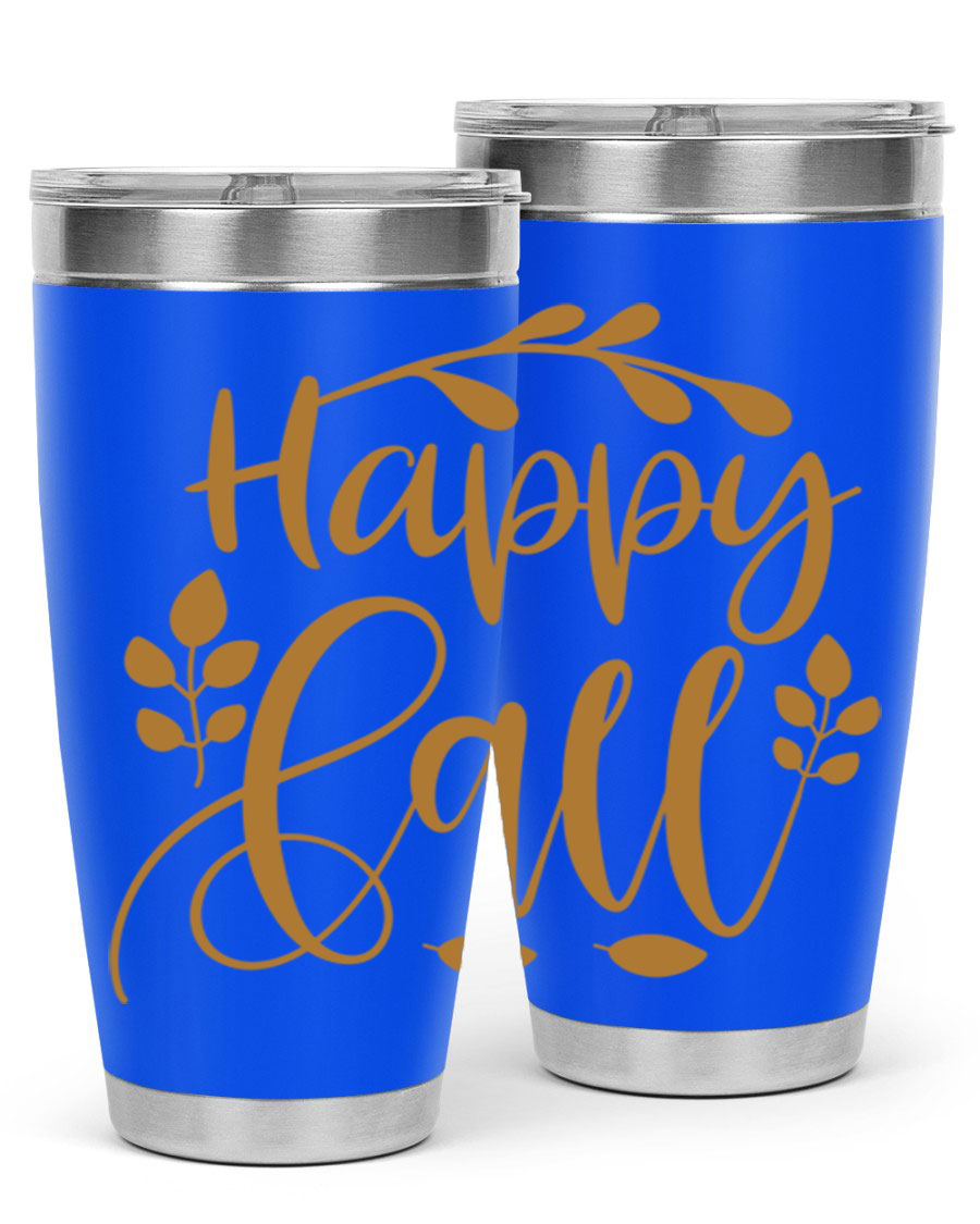 Happy Fall 236# Tumbler in 20oz and 30oz sizes, showcasing double wall vacuum stainless steel with copper lining and a drink-thru lid.