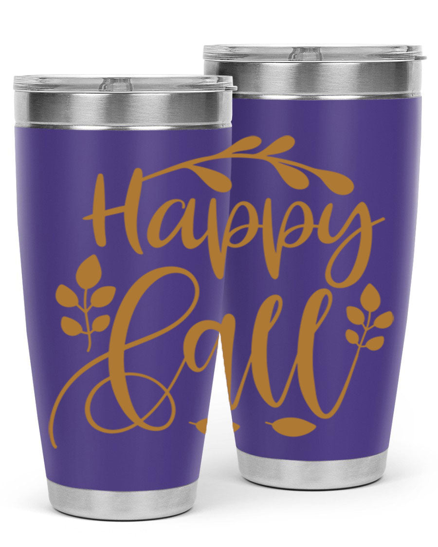 Happy Fall 236# Tumbler in 20oz and 30oz sizes, showcasing double wall vacuum stainless steel with copper lining and a drink-thru lid.