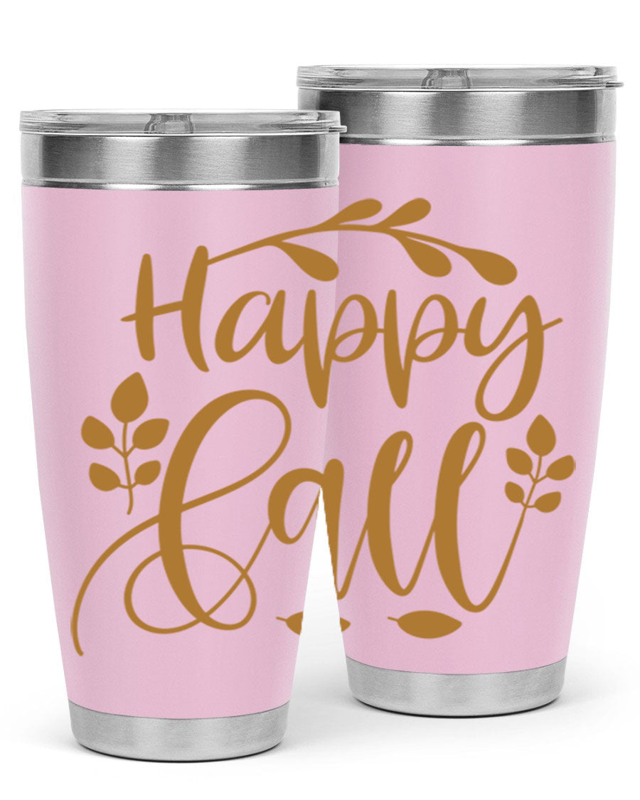 Happy Fall 236# Tumbler in 20oz and 30oz sizes, showcasing double wall vacuum stainless steel with copper lining and a drink-thru lid.