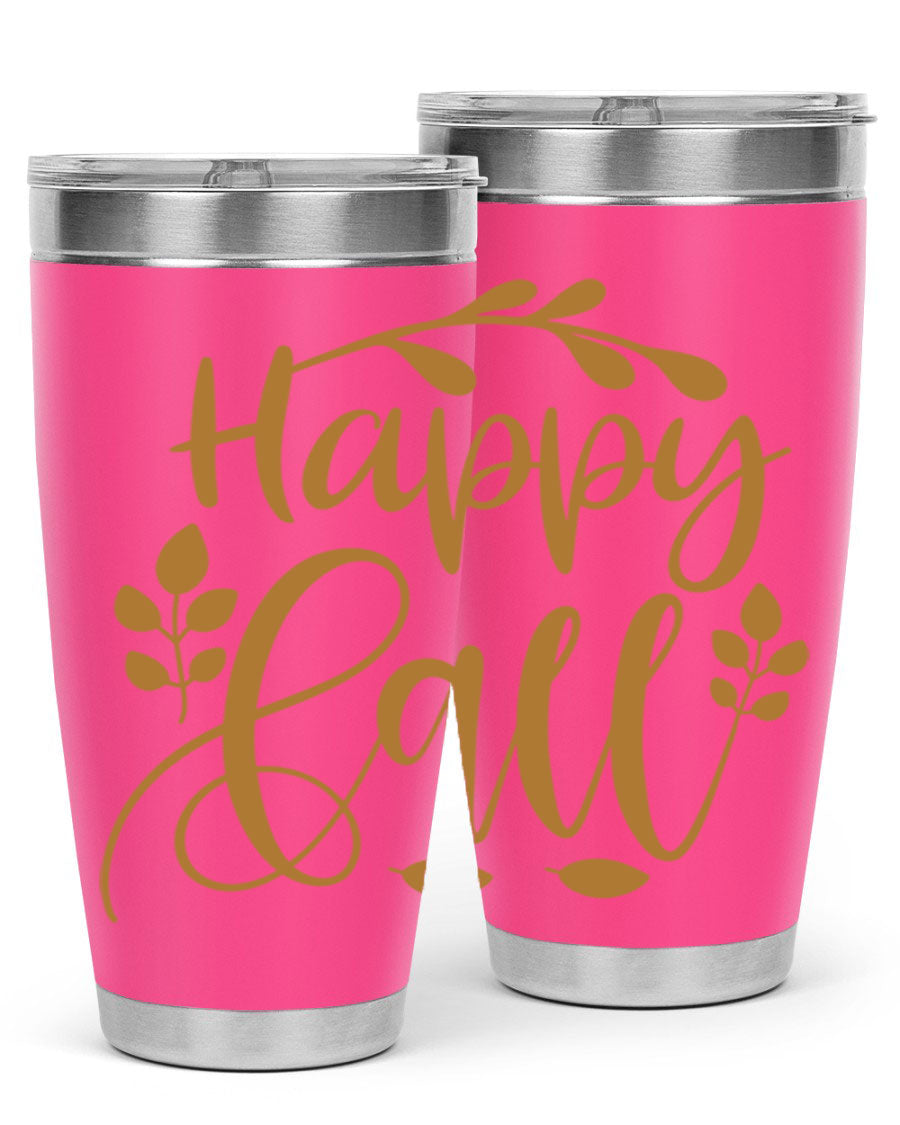 Happy Fall 236# Tumbler in 20oz and 30oz sizes, showcasing double wall vacuum stainless steel with copper lining and a drink-thru lid.