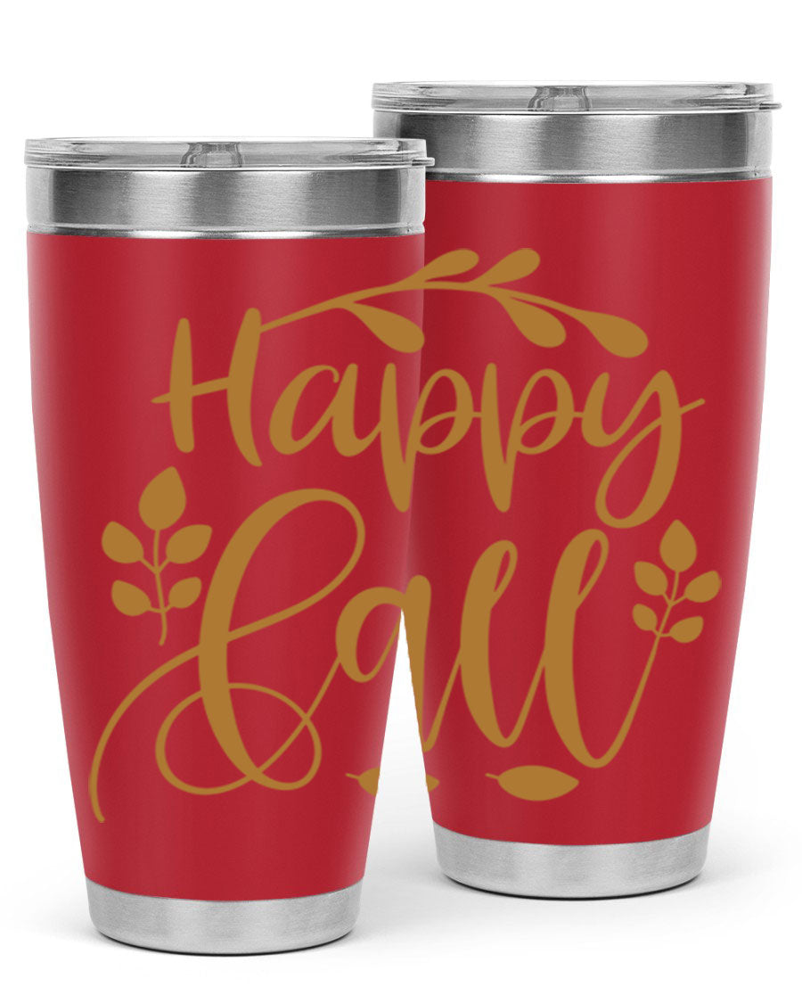 Happy Fall 236# Tumbler in 20oz and 30oz sizes, showcasing double wall vacuum stainless steel with copper lining and a drink-thru lid.