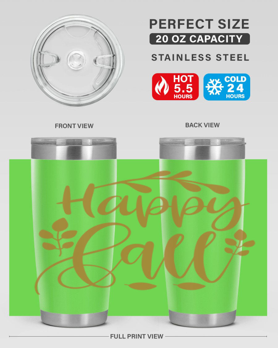 Happy Fall 236# Tumbler in 20oz and 30oz sizes, showcasing double wall vacuum stainless steel with copper lining and a drink-thru lid.