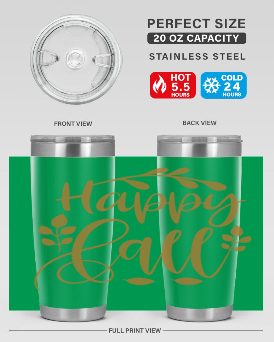Happy Fall 236# Tumbler in 20oz and 30oz sizes, showcasing double wall vacuum stainless steel with copper lining and a drink-thru lid.