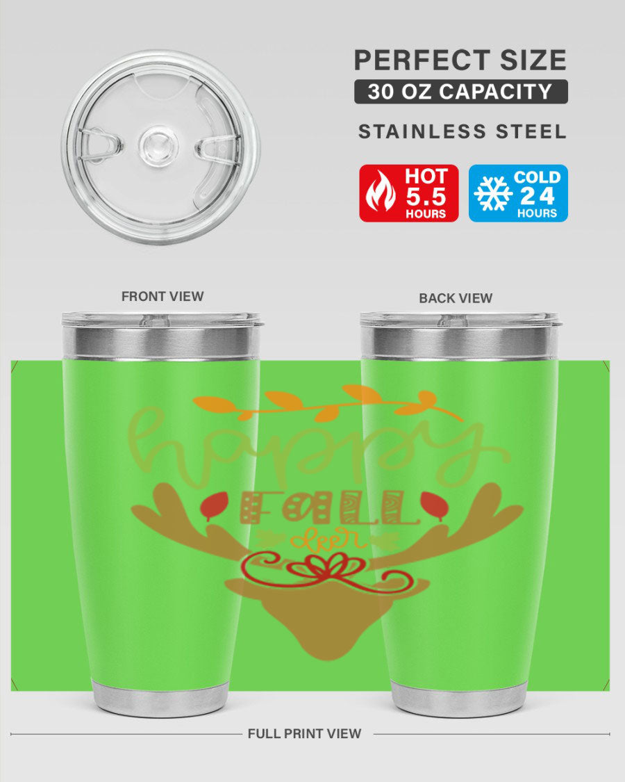 Happy Fall deer 20oz tumbler featuring a charming autumn design, made of stainless steel with a copper lining.