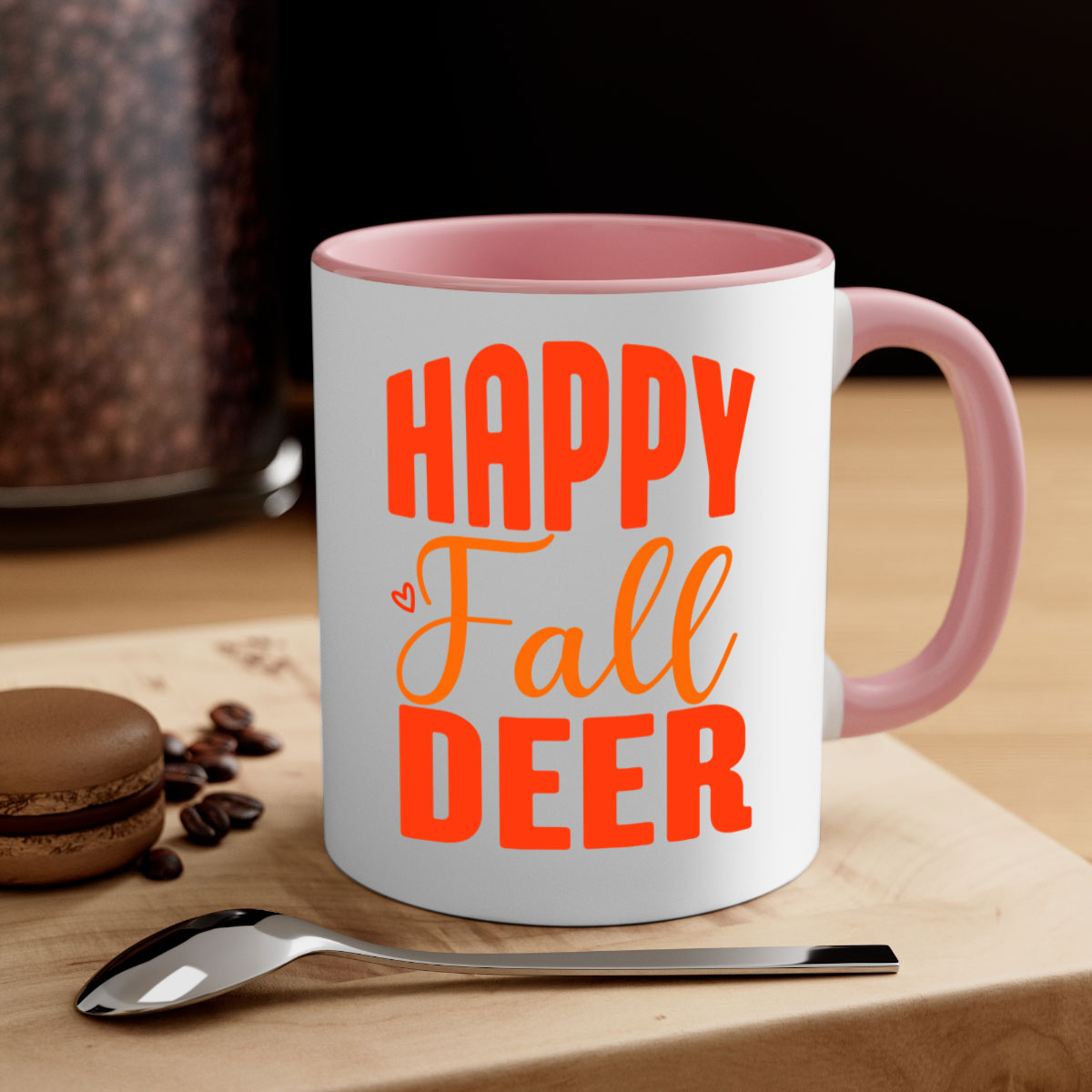 Happy Fall Deer Design Mug featuring a deer motif with a glossy finish and colored handle, available in multiple colors.