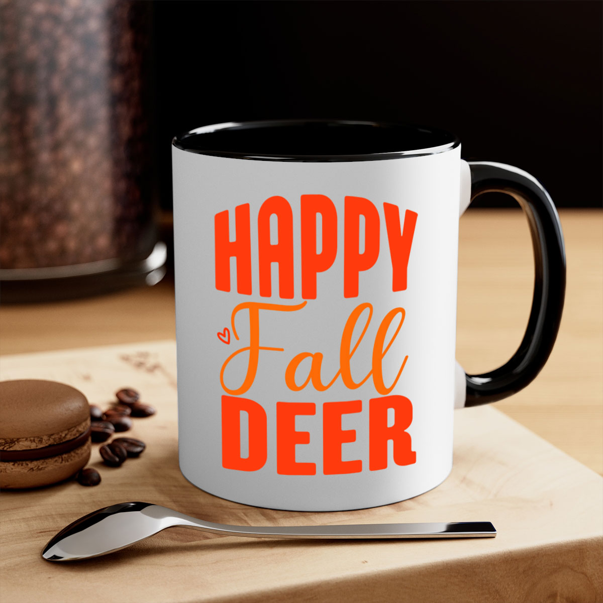 Happy Fall Deer Design Mug featuring a deer motif with a glossy finish and colored handle, available in multiple colors.