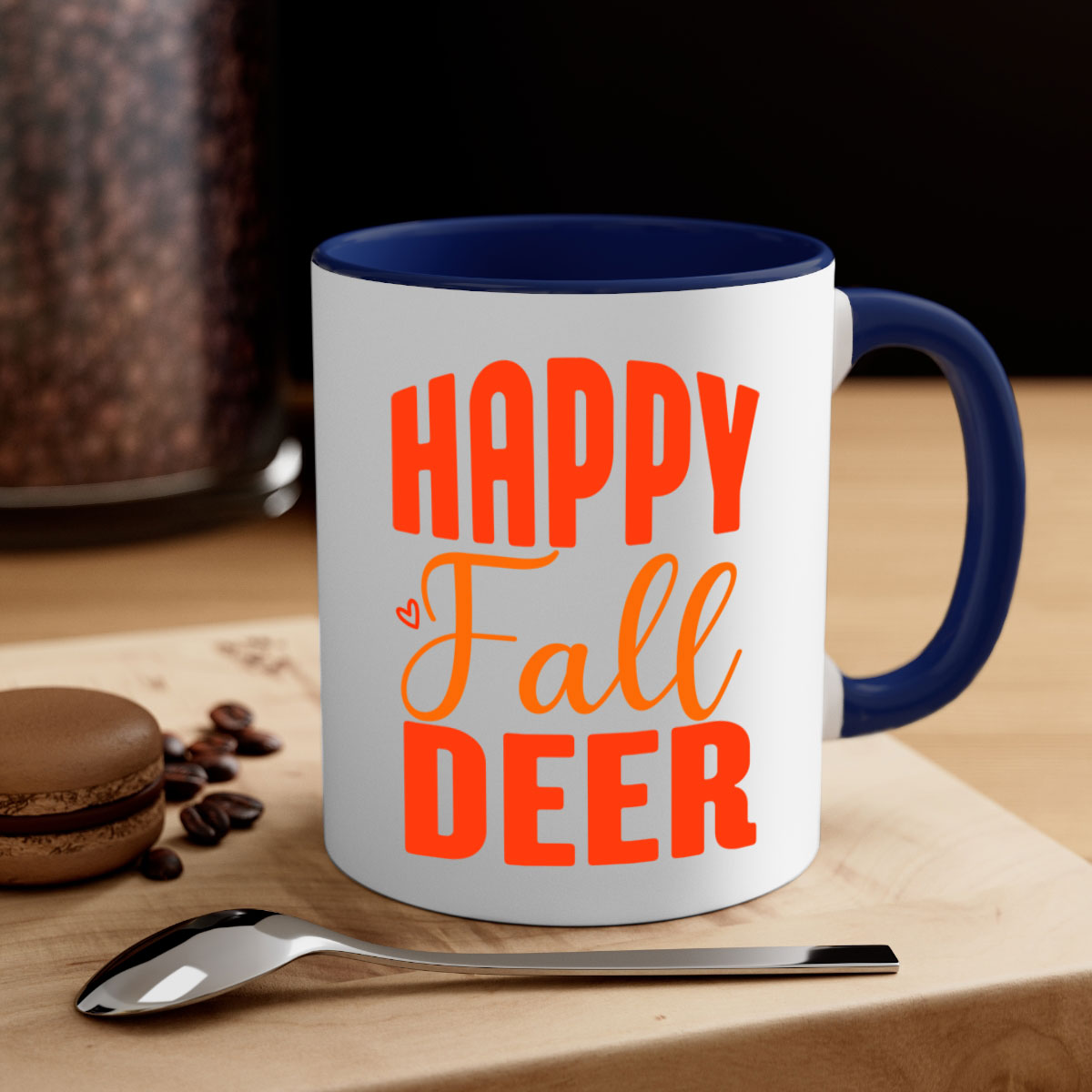 Happy Fall Deer Design Mug featuring a deer motif with a glossy finish and colored handle, available in multiple colors.