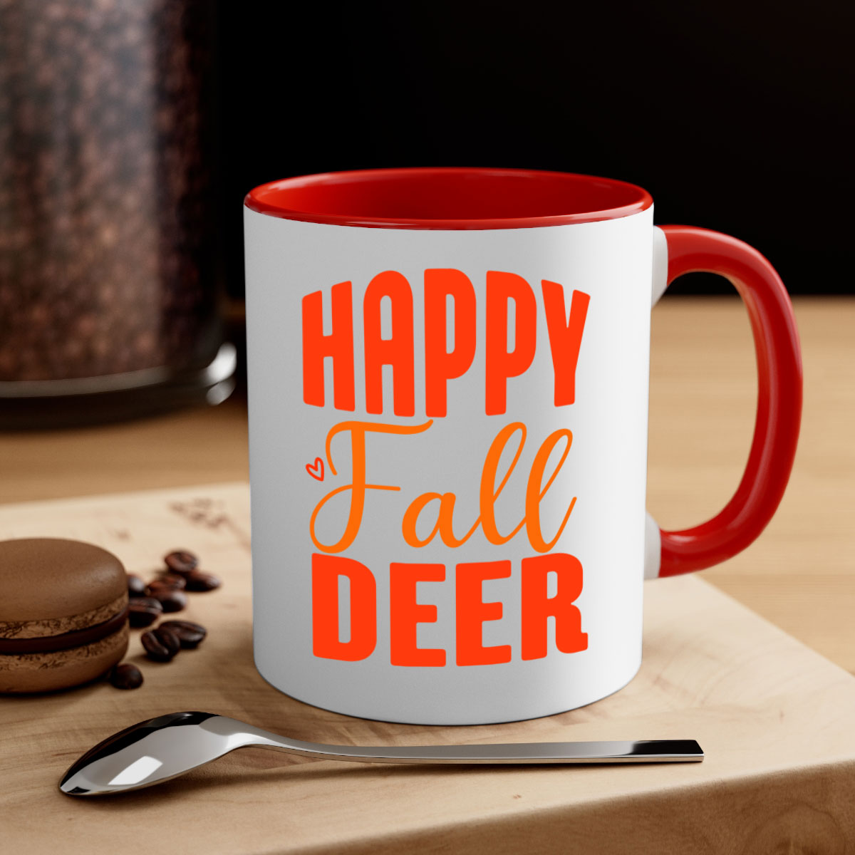 Happy Fall Deer Design Mug featuring a deer motif with a glossy finish and colored handle, available in multiple colors.