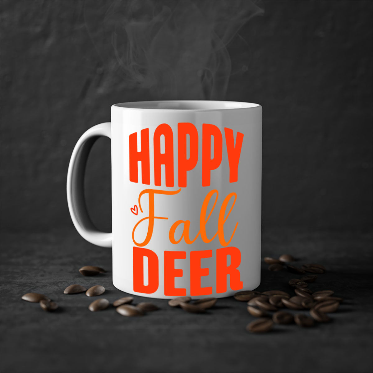 Happy Fall Deer Design Mug featuring a deer motif with a glossy finish and colored handle, available in multiple colors.
