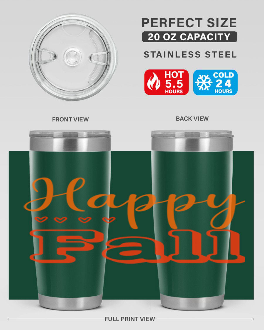 Happy Fall Design 222# tumbler in 20oz and 30oz sizes, showcasing a vibrant fall-themed print on double wall vacuum stainless steel.