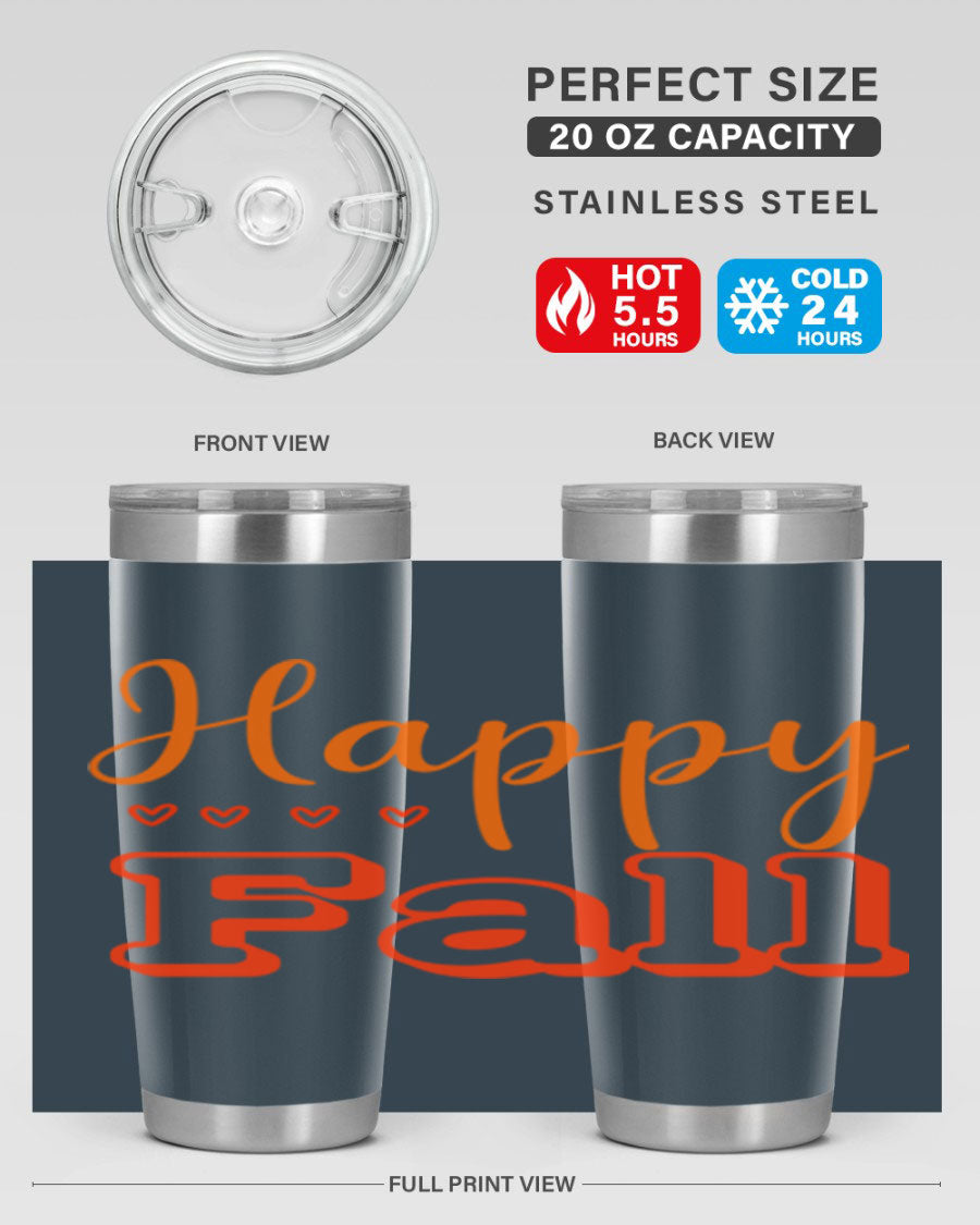 Happy Fall Design 222# tumbler in 20oz and 30oz sizes, showcasing a vibrant fall-themed print on double wall vacuum stainless steel.