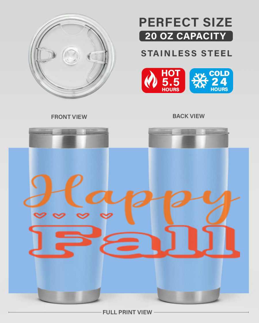 Happy Fall Design 222# tumbler in 20oz and 30oz sizes, showcasing a vibrant fall-themed print on double wall vacuum stainless steel.