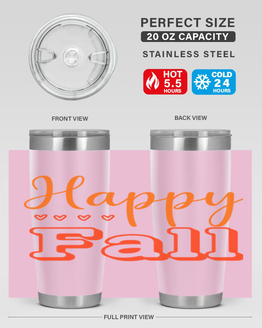 Happy Fall Design 222# tumbler in 20oz and 30oz sizes, showcasing a vibrant fall-themed print on double wall vacuum stainless steel.