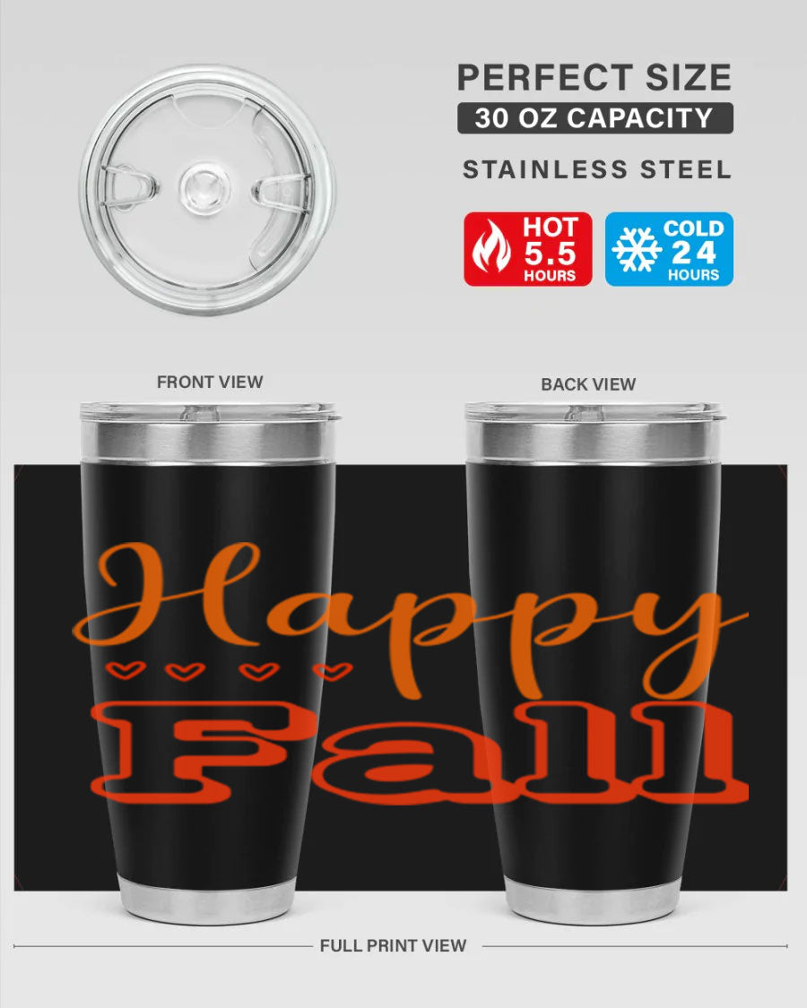 Happy Fall Design 222# tumbler in 20oz and 30oz sizes, showcasing a vibrant fall-themed print on double wall vacuum stainless steel.