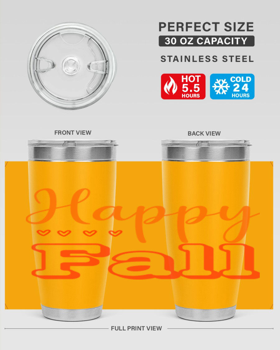 Happy Fall Design 222# tumbler in 20oz and 30oz sizes, showcasing a vibrant fall-themed print on double wall vacuum stainless steel.