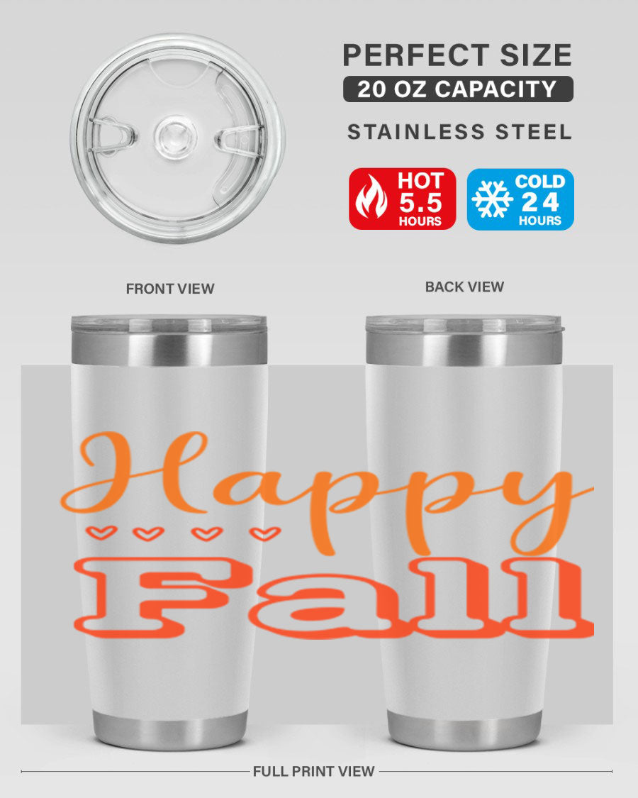 Happy Fall Design 222# tumbler in 20oz and 30oz sizes, showcasing a vibrant fall-themed print on double wall vacuum stainless steel.