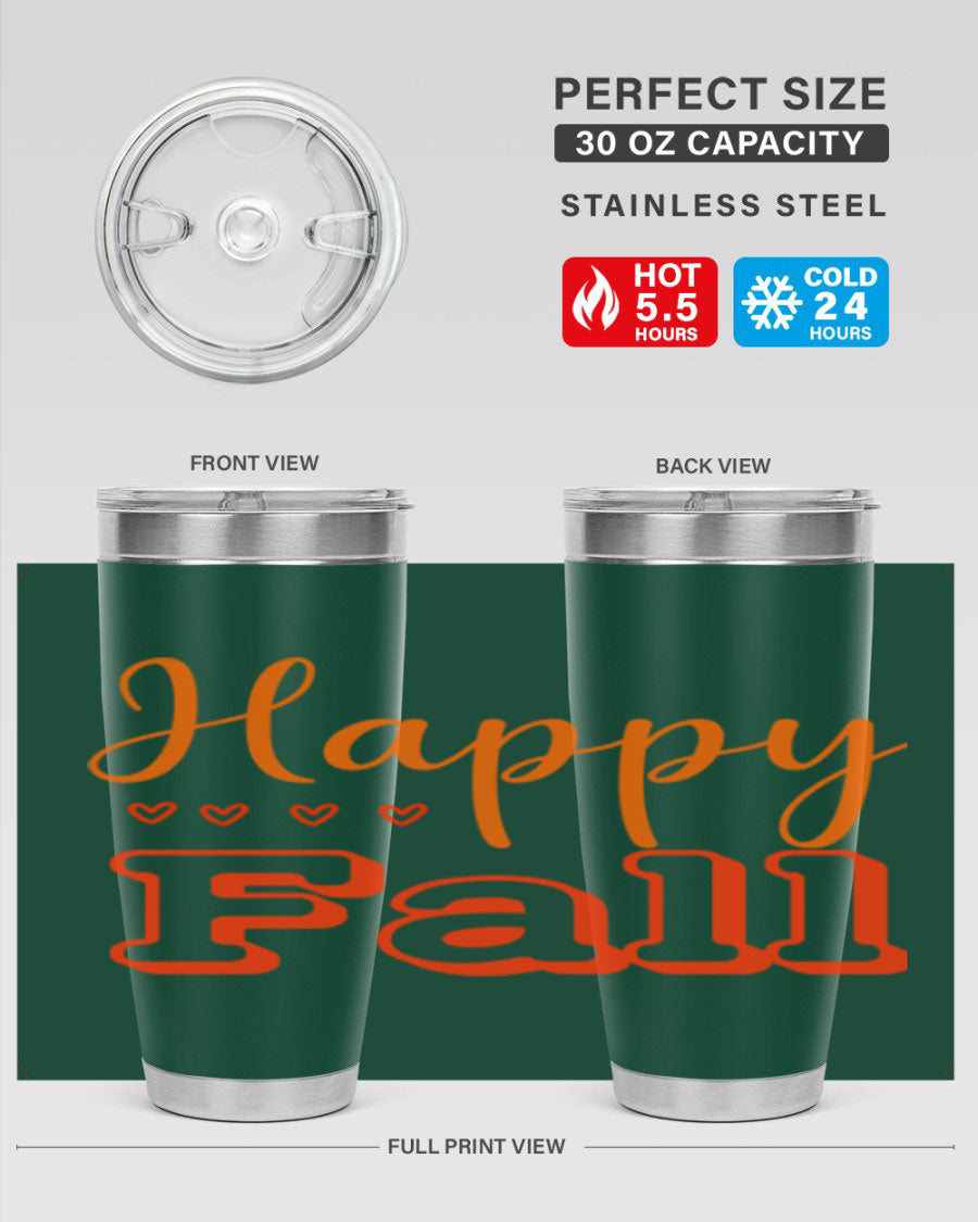Happy Fall Design 222# tumbler in 20oz and 30oz sizes, showcasing a vibrant fall-themed print on double wall vacuum stainless steel.