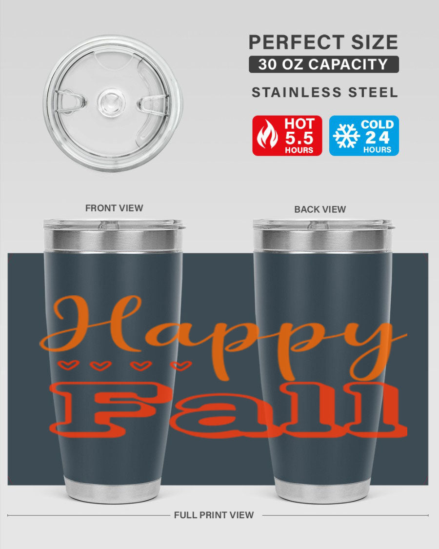 Happy Fall Design 222# tumbler in 20oz and 30oz sizes, showcasing a vibrant fall-themed print on double wall vacuum stainless steel.