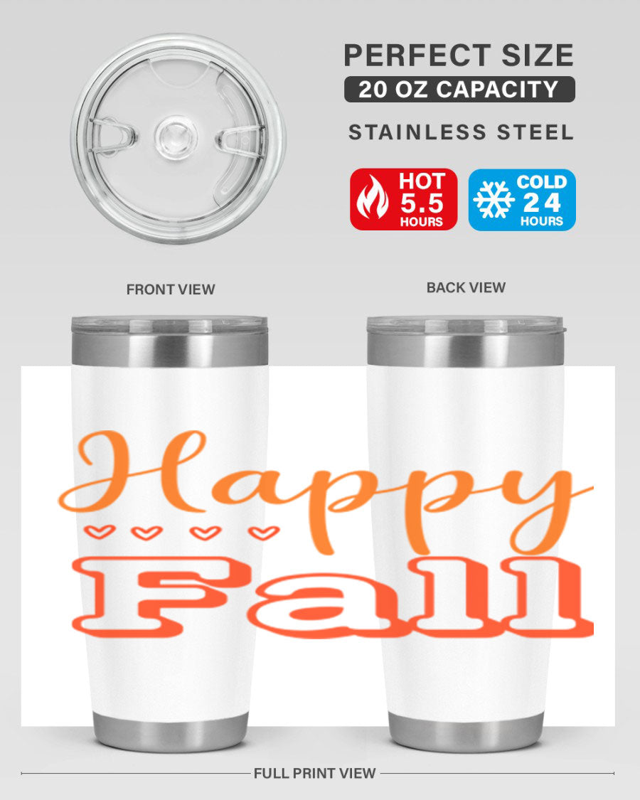 Happy Fall Design 222# tumbler in 20oz and 30oz sizes, showcasing a vibrant fall-themed print on double wall vacuum stainless steel.