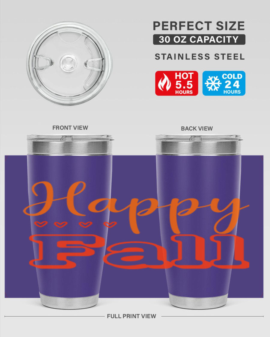 Happy Fall Design 222# tumbler in 20oz and 30oz sizes, showcasing a vibrant fall-themed print on double wall vacuum stainless steel.