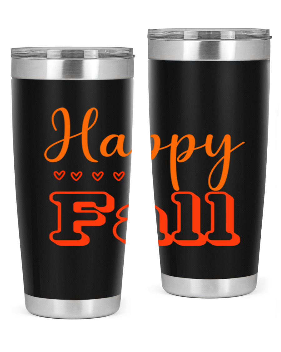 Happy Fall Design 222# tumbler in 20oz and 30oz sizes, showcasing a vibrant fall-themed print on double wall vacuum stainless steel.