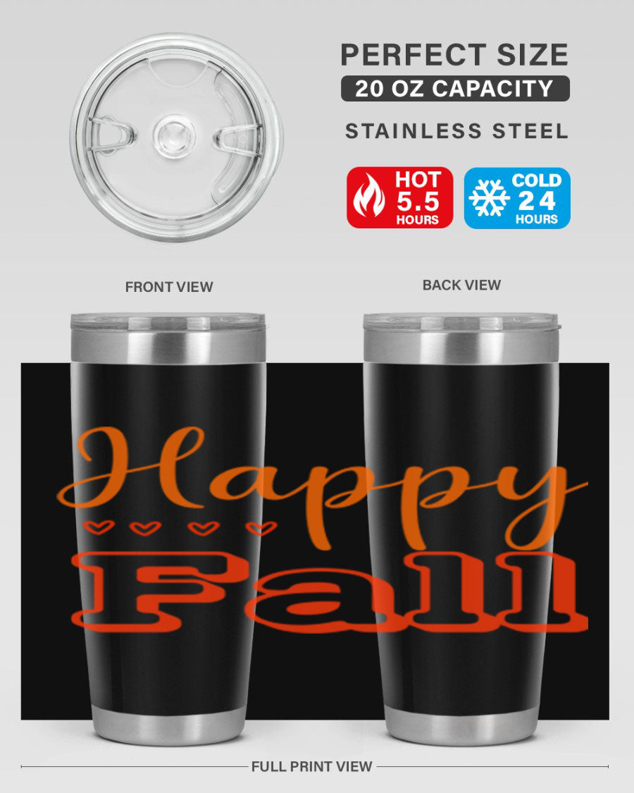 Happy Fall Design 222# tumbler in 20oz and 30oz sizes, showcasing a vibrant fall-themed print on double wall vacuum stainless steel.