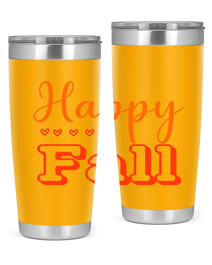 Happy Fall Design 222# tumbler in 20oz and 30oz sizes, showcasing a vibrant fall-themed print on double wall vacuum stainless steel.